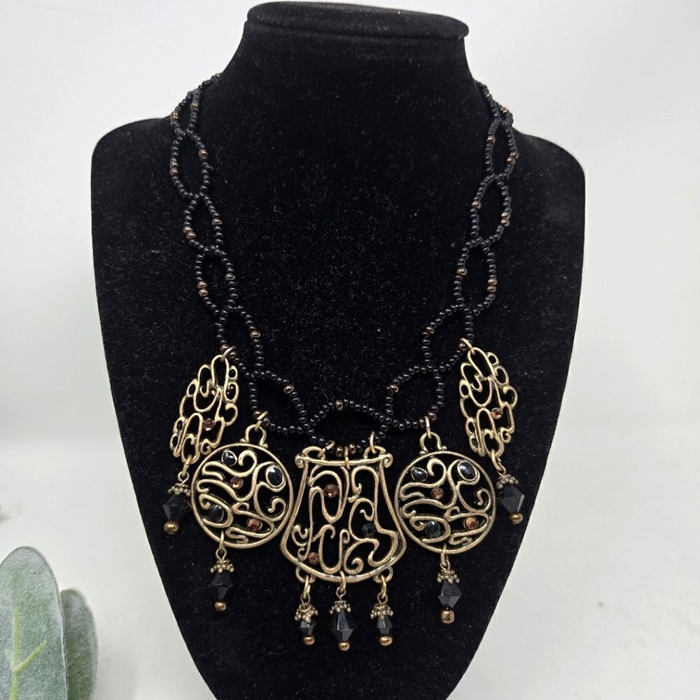 CHICO'S Gold Black Beaded‎ Bohemian Boho Seed Bed Pendant Necklace